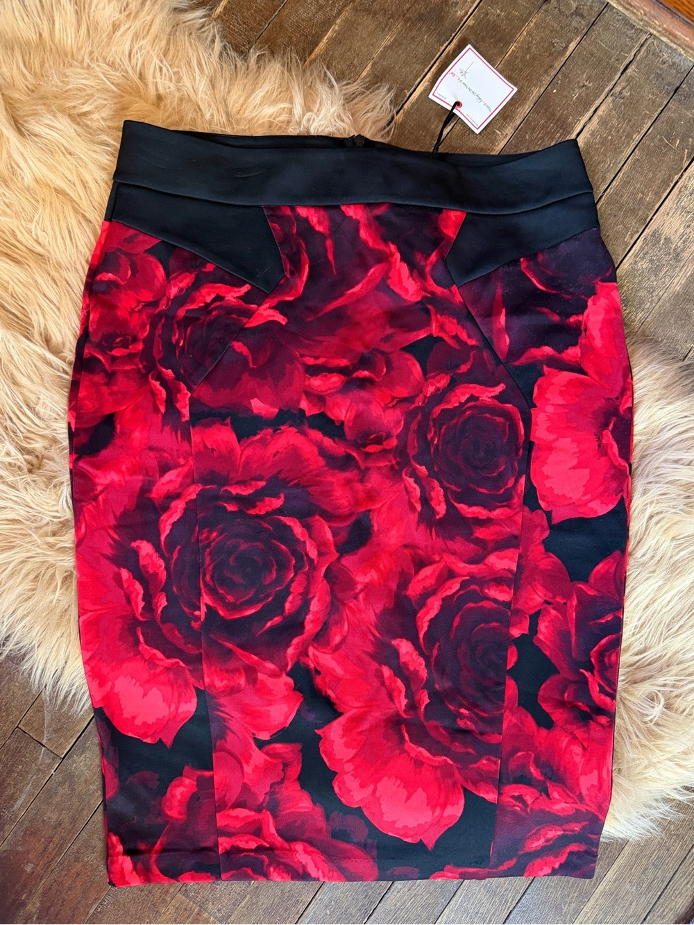 Bisou Bisou Vintage Red Black Floral Rose Abstract Print Bold Pencil Skirt Sz XL